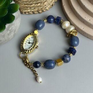 საათი ბუნებრივი ქვებით სოდალიტი, ავანტურინი, ლაზურიტი, მარგალიტი